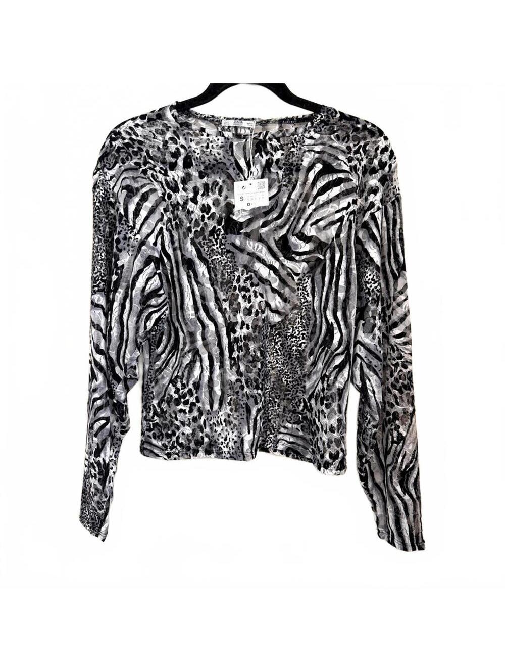 NWT Zara sheer animal print top long sleeves size Small, zebra print.